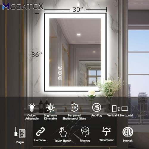 30x36 Lighted Mirrors for Bathroom Wall, Modern Rectangle Matte Black Mirror, Tempered Glass,Double Lights, 3 Colors Dimmable Temperature, IP54 Enhanced Anti-Fog, Memory (Horizontal/Vertical)