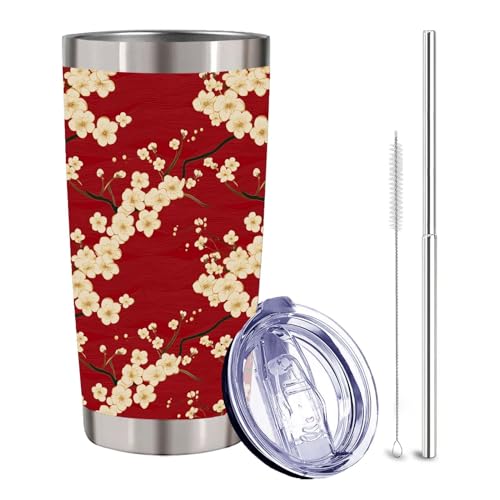 MtoLatap Floral 20 oz Tumbler, Vacuum-Insulated Stainless Steel | Asian Inspired Blossom Design | Red and Gold Travel Mug with Lid and Telescope Straw | Hot & Cold Coffee Cup | Gifts for Women