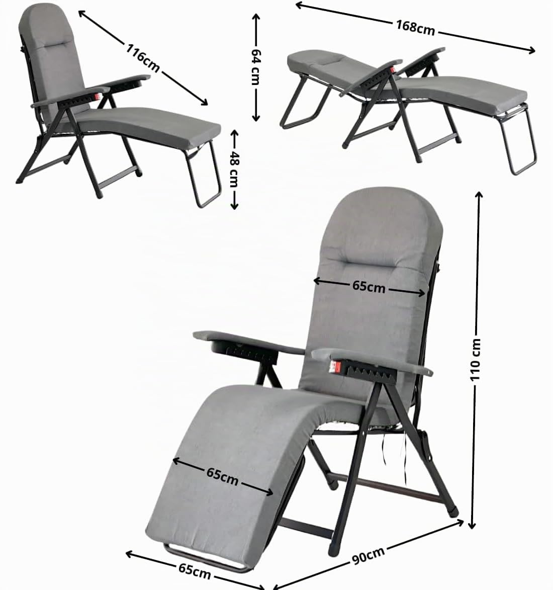 Tomaino - Chaise longue rembourrée extérieure intérieure avec repose-pieds - Fauteuil relax inclinable jusqu'à 180° - Coussin doux pliable pour maison, jardin, balcon (gris)