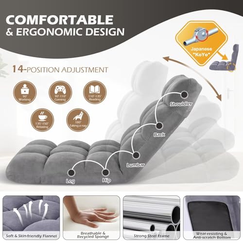 Image of Folding Floor Gaming Chair 14-Poistion Cushioned Adjustable Floor Lazy Sofa Chair w /Breathable Cotton & Skin-Friendly Coral Velve for Adults & Kids Perfect for Reading Gaming Meditating, Grey