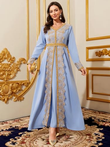 Image of Abaya for Women Floral Embroidered Muslim Dress V-Neck Arabian Maxi Robe