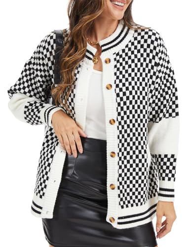Women's Oversized Checkered Cardigan, 2025 Fall Button Down Checkerboard Knit Sweater Streetwear with Pockets2