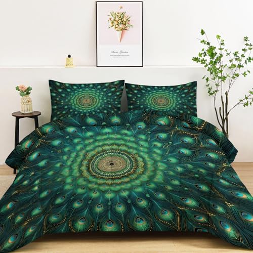 Genérico Edredón Reversible Sin Funda para 2 Personas, Edredón Nórdico Elegante Animal Pavo Real Mandala 4 Estaciones Suave Cálido - Turquesa Juego de Cama200 x 200 cm con 2 Fundas de Almohada