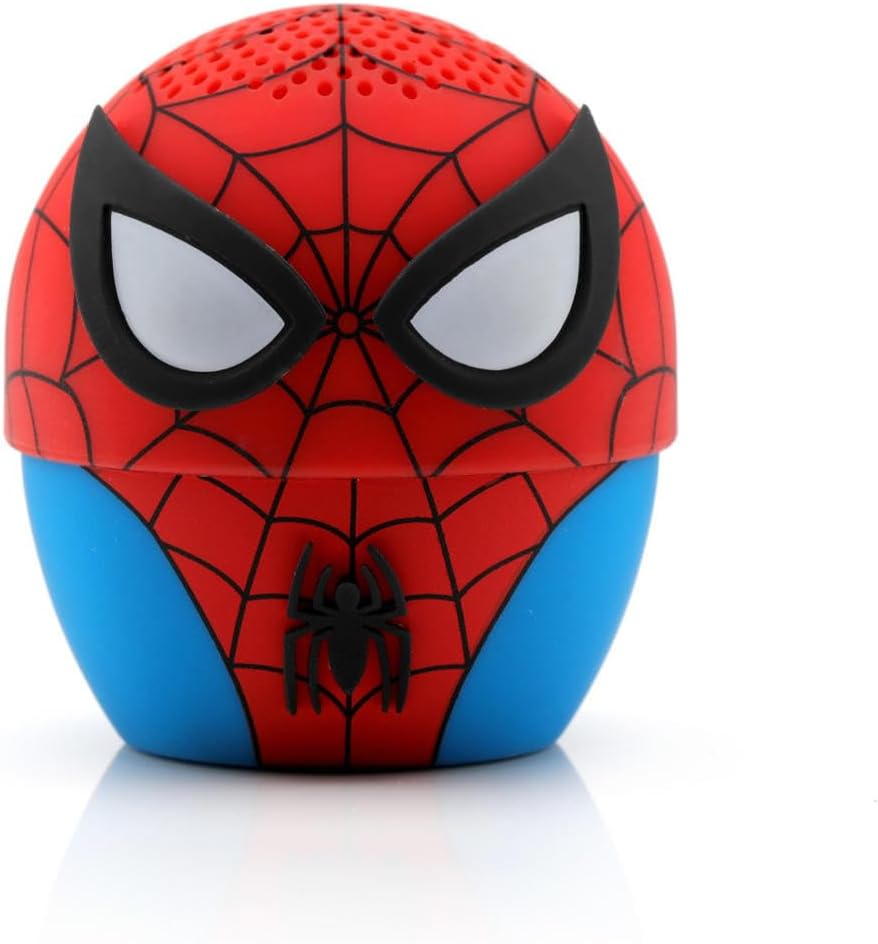 Bitty Boomers Spider-Man speaker with an attached lanyard, demonstrating portability.