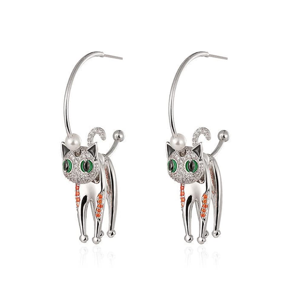 HanryDong 985 Silver Cat Hoop Earrings, Zirconia Stones Pearl Critters Animal Colorful Jewelry, Daily Trendy, Cute for Girls Women