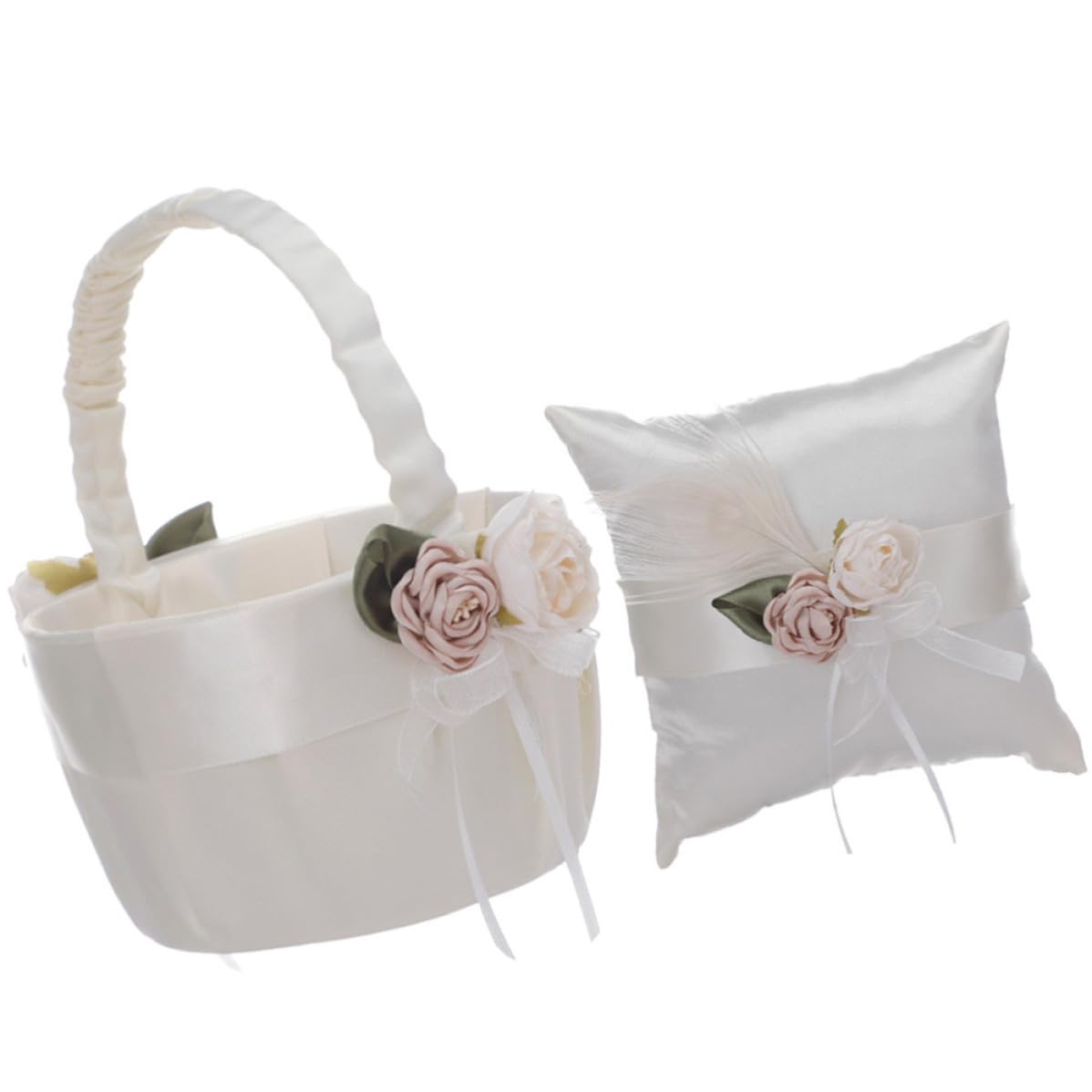 jojofuny Set de Coussin pour Alliances et Panier de Demoiselle D'honneur en Satin Blanc avec Nœud Élégant, pour Cérémonie de Mariage Romantique et Délicate