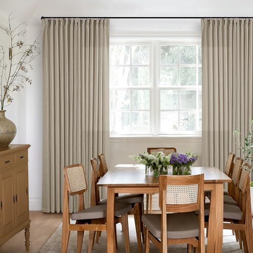 Image of Extra Long Pinch Pleated Linen 108 Inch Curtains 2 Panels Set for Living Room Bedroom Farmhouse Tan Brown Cotton Flax Back Tab Memory Shape Pinch Pleat Ceiling Floor Window Curtains 9 FT Grey Beige