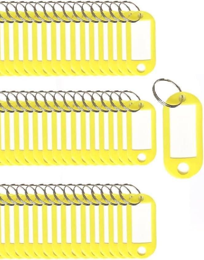 Key Tags with Split Ring, 50 Pack, of one Colour, Plastic ID Labels, 5 cm x 2.2 cm (50 Yellow)