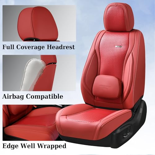 Image of Coverado Seat Covers, Car Seat Covers Front Seats, Waterproof Nappa Leather Auto Seat Cover with Lumbar Head Pillow, Red Seat Covers Carseat Cover Universal Fit for Most Cars