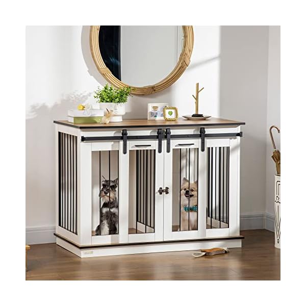 PawHut Dog Crate Furniture with Divider Panel, Wooden Dog Kennel TV Stand for Large Dogs, Pet House Side Table for 2 Small Dogs with Two Rooms Design, 2 Sliding Doors, White PawHut Dog Crate Furniture with Divider Panel, Wooden Dog Kennel TV Stand for Large Dogs, Pet House Side Table for 2 Small Dogs with Two Rooms Design, 2 Sliding Doors, White
