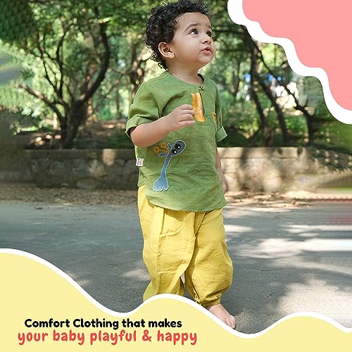 Image of MHYSA Unisex Handblock Printed Khadi Pant Set for Boys and Girls (Light Green & Yellow, 4-5 Years)