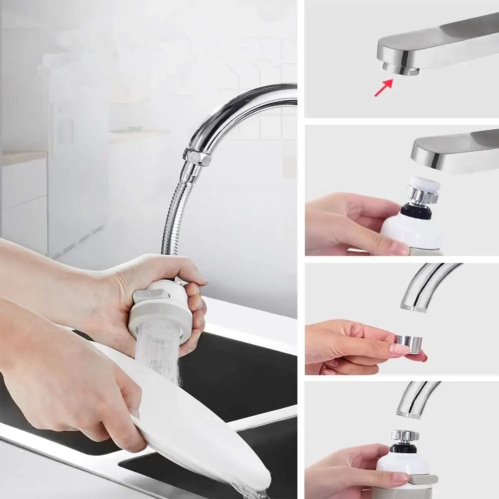 VIVITO 360° Rotating Kitchen Faucet Nozzle Sprayer | 3-Mode Water Saving Bubbler | Universal Sink Tap Extension Adapter | Splash Guard, Filtered Aerator | Stainless Steel + ABS | (Pack of 1) 2