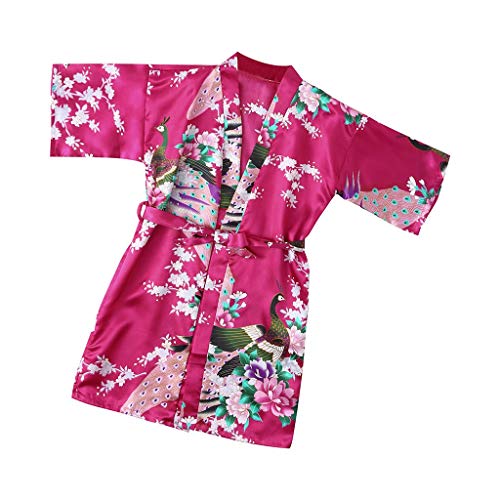 Teen Kids Toddler Baby Girls Boys Soft Floral Silk Satin Kimono Robes Night-Gown Pajamas Bath Cloak Hydrophil Bathrobe Clothes (Hot Pink, 18-24 Months)