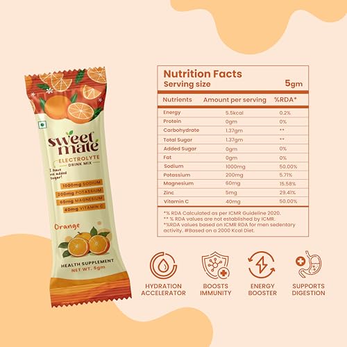Image of Sugar Free Orange Electrolyte Drink Mix Sweetened With Stevia -5g (20 Sachet) No Preservatives and Chemicals| Offers 10x more Electrolyte | Keto Friendly, Vegan