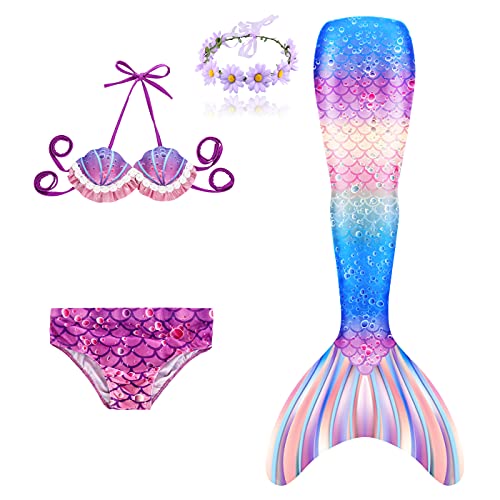 DAXIANG 3 Pièces Maillot de Bain Princesse Queue de Sirène Mermaid Bikini Déguisement pour Enfant Fille (150, Pas de Boutons-Bulles) Cover