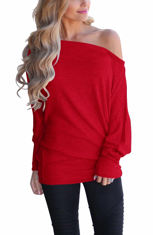Lacozy Womens Off Shoulder Long Sleeve Oversized Pullover Sweater Knit Jumper Loose Tunic Tops