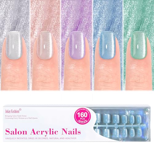 Press on Nails Short 5 Styles, Jofay Fashion 160Pcs Valentines Cat Eye Press on Nails for Women, Reusable Opaque Gel Fake Nails, Square Glue On Nails in 16 Sizes, Island