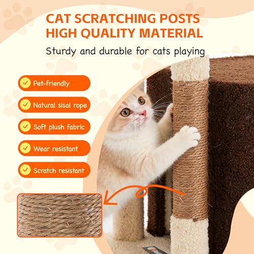 Cat Tree for Indoor Cats, 39.8-inch Cat Tower with 2 Plush Perches for Play & Rest, 1 Cozy Hideaway, Dangling Toy & Full Sisal Scratching Posts for Indoor Cats, Brown - Image 6