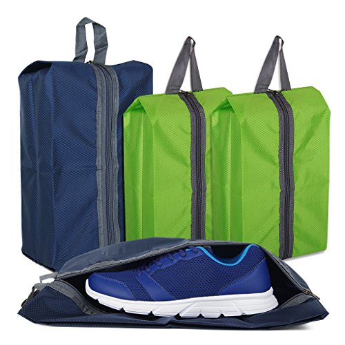 Shoe Bags for Travel Storage Gym Bag Waterproof Nylon With Zipper for Men & Women (2 Green & 2 Blue)