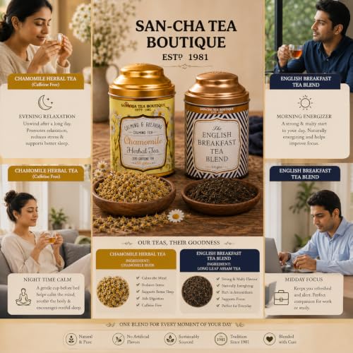Image of Sancha Tea Boutique, Tea Combo Pack, Chamomile Flowers, Caffeine Free Herbal, 50g & Assam English Breakfast Teas 100g, Loose Leaves