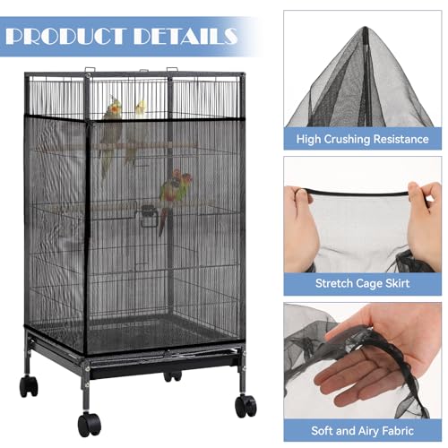 Image of Trinkrittey Large Bird Cage Seed Catcher 31 x 118 inches Adjustable Bird Cage Net Cover Black Bird Cage Cover Elastic Band Mesh Cage Cover Skirt Nylon Mesh for Parakeet Parrot Cages