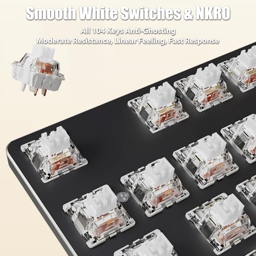 Image of Typewriter Style Mechanical Gaming Keyboard White LED Backlit 104-Key NKRO White Switches Retro Round Keycaps Golden Ring Volume Knob Metal Panel Wired USB-C Detachable Cable, Black