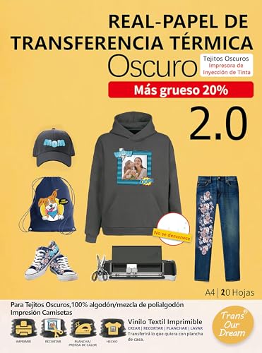 TransOurDream Real-Papel de Transferencia Térmica Para Camisetas, Sudaderas o Tejidos Oscuros 2.0 A4 20 Hojas Fácil de Usar, Papel Transfer Compatible con Impresoras de Inyección de Tinta, ES-3-2.0-20