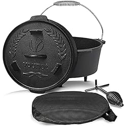 Cacerola Holandesa VOUNOT Olla Horno Holandés 4,25L Cacerola Hierro Fundido con Piernas, Dutch Oven con Tapa Hermética, Elevador, Bolsa de Almacenar, para Camping Cocina Casera Barbacoa
