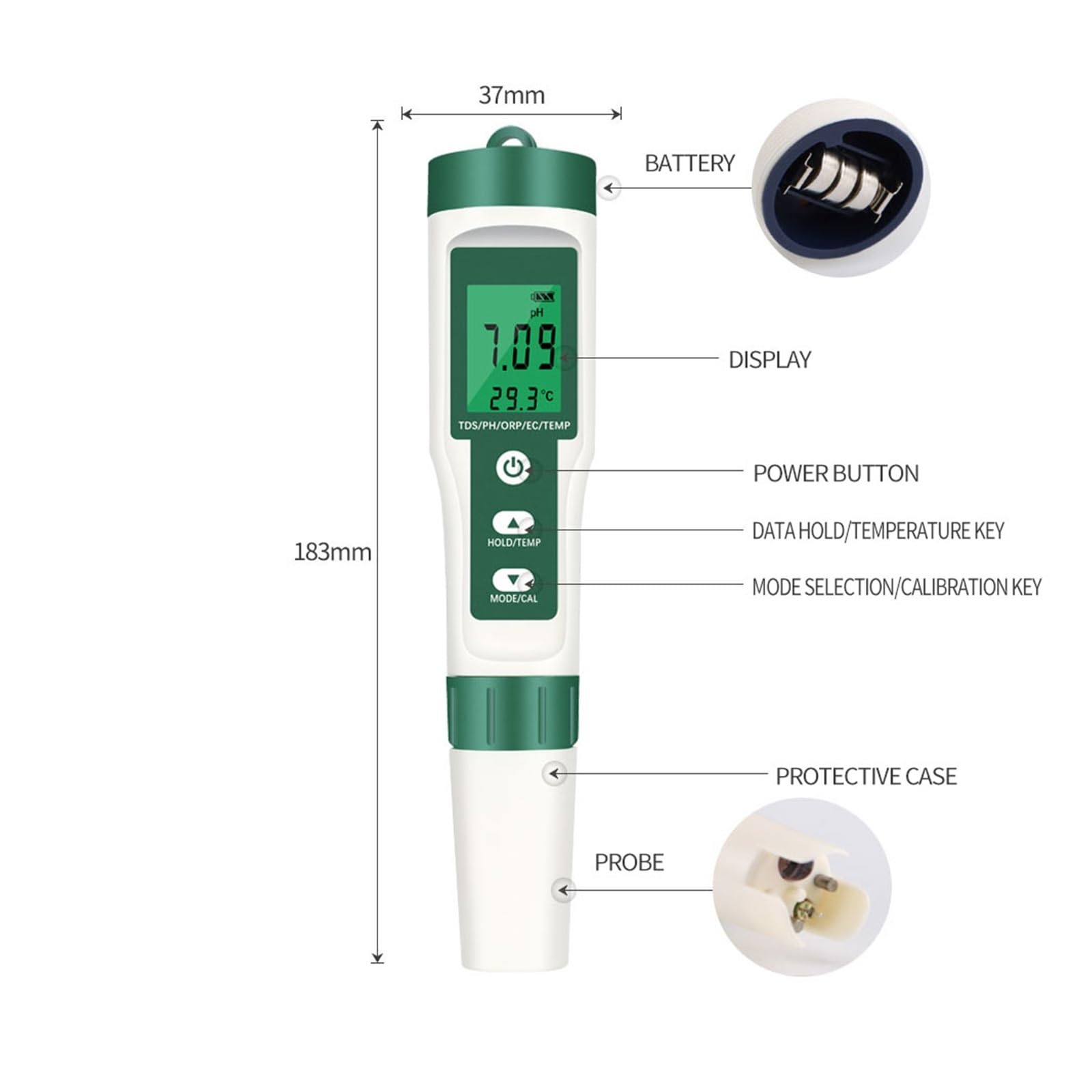 Ph-mètre 4/5/7 en 1 TDS EC ORP salinité S. G, compteur de température avec rétro-éclairage, moniteur numérique qualité l'eau, testeur for Aquarium, Testeur précis(5 in 1 ph meter)
