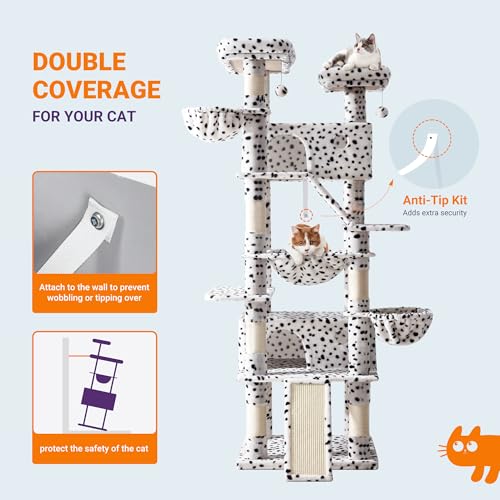 Image of Allewie 81 Inches Tall Cat Tree /Multi-Level Large Climbing Tree House and Towers for Big Feline /Condo and Hammock /Scratching Post /Wide Base /White & Black Spot
