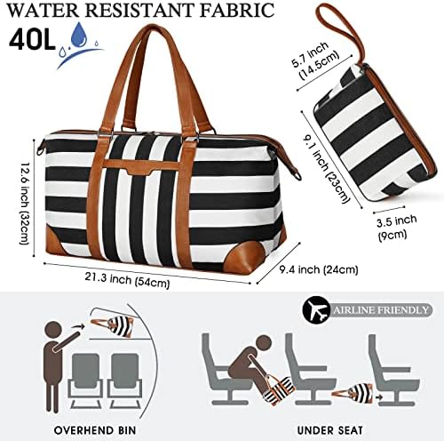 Weekender Bag for Women Canvas Leather Carry On Overnight Bag 40L Flight Approved Travel Duffle Bag Large Weekend Shoulder Tote Bag with Wet Pocket Hospital Bag with Toiletry Bag, Black Stripe 4 Weekender Bag for Women Canvas Leather Carry On Overnight Bag 40L Flight Approved Travel Duffle Bag Large Weekend Shoulder Tote Bag with Wet Pocket Hospital Bag with Toiletry Bag, Black Stripe