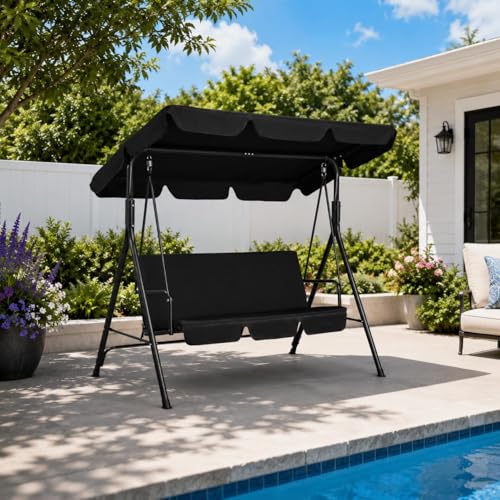 Image of Yaheetech 3-Seat Patio Swing Chair, Adjustable Canopy & Seat Cushion, Black | Outdoor Glider Swing, 550lb Capacity, Tilting Sunshade, Anti-Slip Pads, Weather-Resistant Fabric, Ez up, Sturdy A-Frame