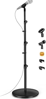 Microphone Stand Round Base, Bietrun Heavy Duty Adjustable Metal Mic Floor Stand for Singing/Church/Stage with 2 Universal Mic Clip, 3/8'' to 5/8''Adapter, for Shure SM7B/SM58/Samson Q2U/Podmic＆More
