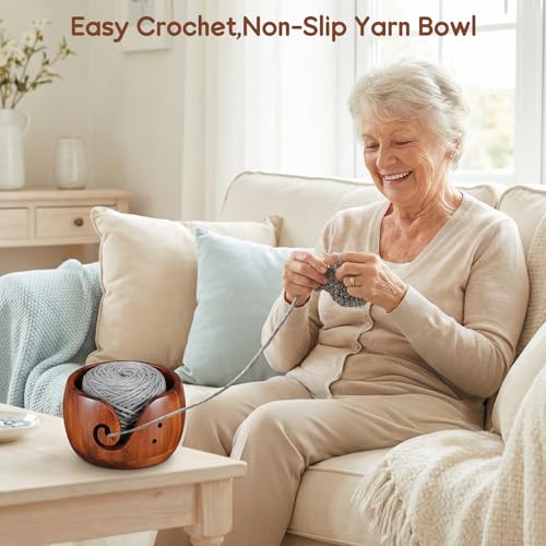 Image of Wooden Yarn Bowl for Crocheting, Knitting Yarn Bowl with Holes Storage, Crochet Bowls for Yarn, Crochet Yarn Bowl for Crocheting and Knitting Lovers Gift(6 inch x 6 inch x 3 inch)