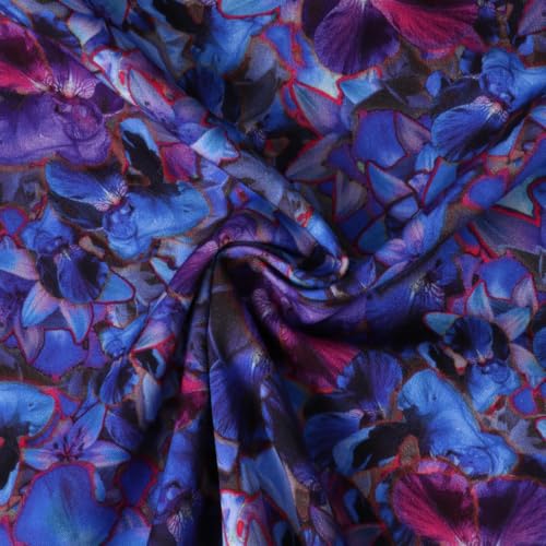 Tissu Viscose stretch Bloom Nocturne fleurs Violettes sur fond Bleu roi - Par 50 cm