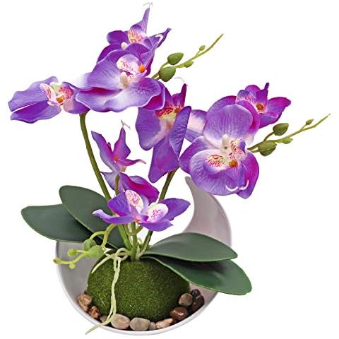 MINYULUA Artificial Orchid Flower, Purple Faux Phalaenopsis Flower Arrangement with Vase, Potted Plant Bonsai for Wedding Party Office Table Centerpiece Bathroom Home Decoration Cover