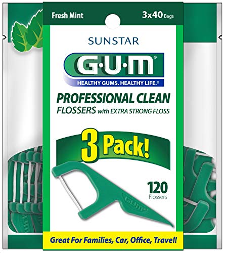 GUM Professional Clean Flossers, Fresh Mint, On-The-Go Dental String Floss Picks, 40 Count, (Pack of 3)