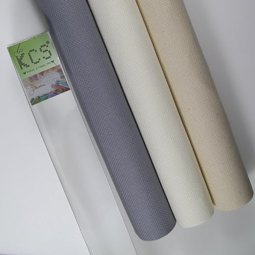 Image of KCS 3 pc of 15 inch x 18 inch(38cmx45cm) Counted Cross Stitch Cotton Aida Cloth Needlework Rolled Fabric Box,18CT,Antique White+Oatmeal+Light Steel Grey