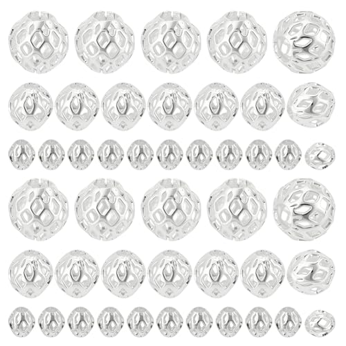 PH PandaHall 60 cuentas huecas chapadas en plata, 4 mm, 6 mm, 8 mm, cuentas espaciadoras redondas de metal de filigrana sueltas para manualidades, pulseras, cadenas de cintura, collares, aretes
