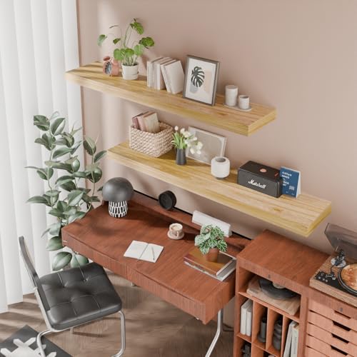 Image of IAE Floating Wall Shelves 55 inch,Bathroom Shelf Wall Mounted,Invisible Shelf Floating Kitchen Shelves,Wooden wall Shelving with Brackets for Living Room wall Mounted,Easy Install,Set of 2,Natural