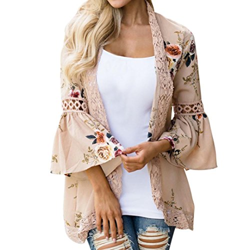 Cinnamou Mode Femmes Dentelle Floral Ouvert Cap Manteau Occasionnel Lâche Blouse Sexy Kimono Veste Cardigan Liberté Chemisier (Kaki, XL)