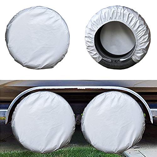 Kayme Four Layers Tire Covers Set of 4 for Rv Travel Trailer Camper Vinyl Wheel, Sun Rain Snow Protector, Waterproof, Silver, Fits 40-42 Inch Tire Diameter 4XL T7-4XL-40-42 Inch Tire Diamete