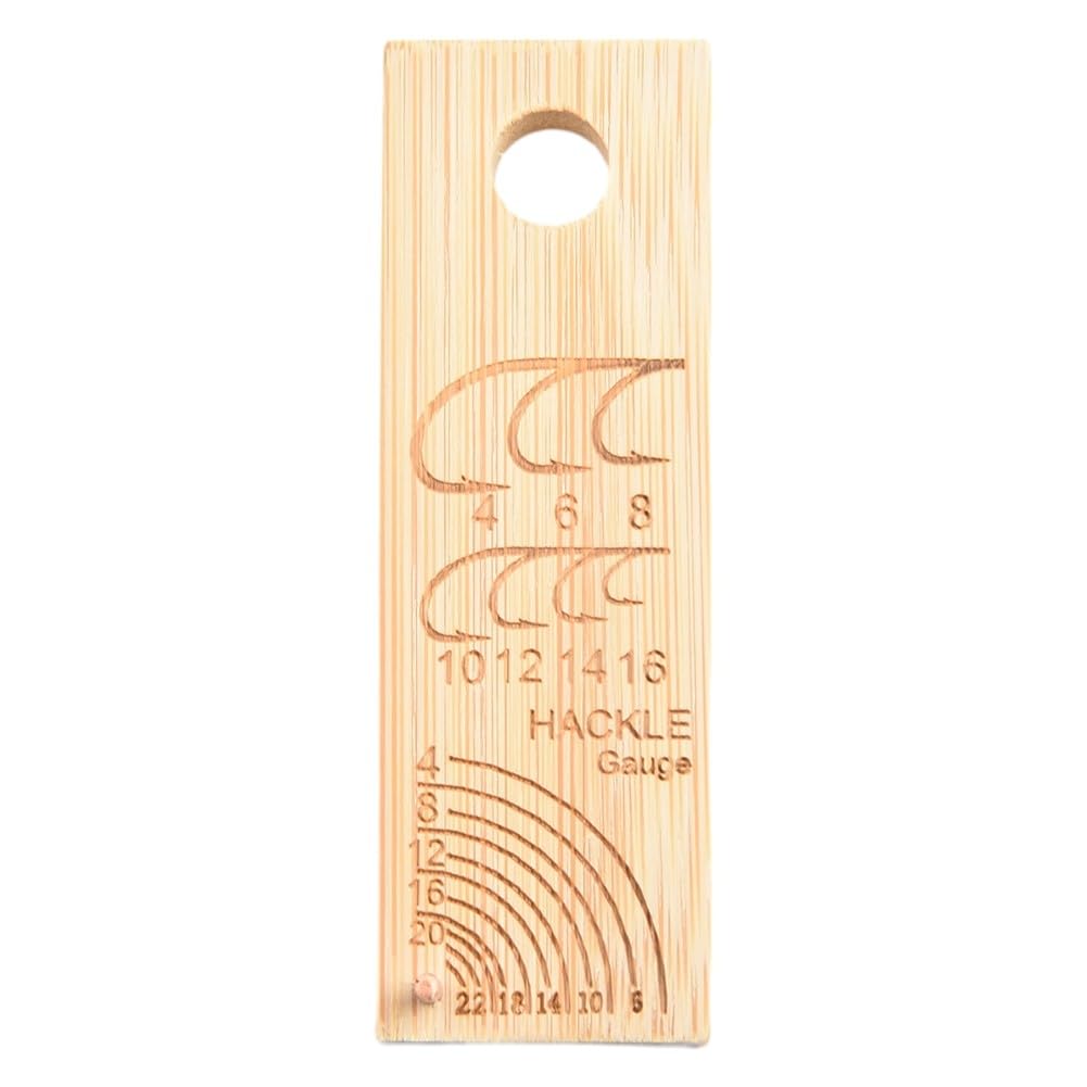 Calibro per pesca a mosca, strumento di misurazione per ami di dimensioni 4-16 e hackle misure 4-22, accessorio da pesca in legno con design girevole, 76 x 25 mm