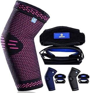 ABYON Professional tennis elbow brace for women (2 Pack) + Elbow Compression Sleeve (1 Pack),Elbow Brace with Compression for Tendonitis, Elbow Support for Reduce Pain (Pink, Medium)