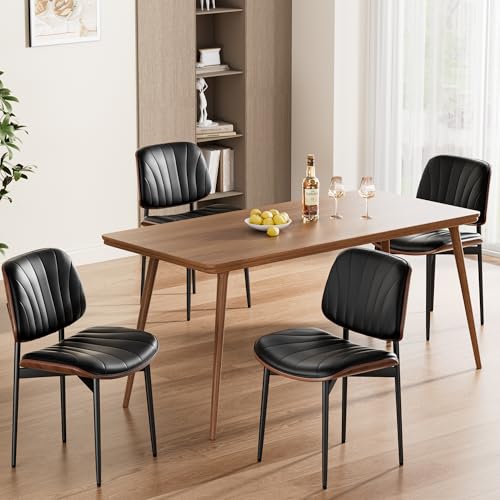 Dining Chairs Set of 4, Mid-Century Modern Upholstered PU Leather Chairs with Walnut Bentwood Back and Metal Legs Adjustable Feet for Kitchen Dining Room, Black Shell Strips