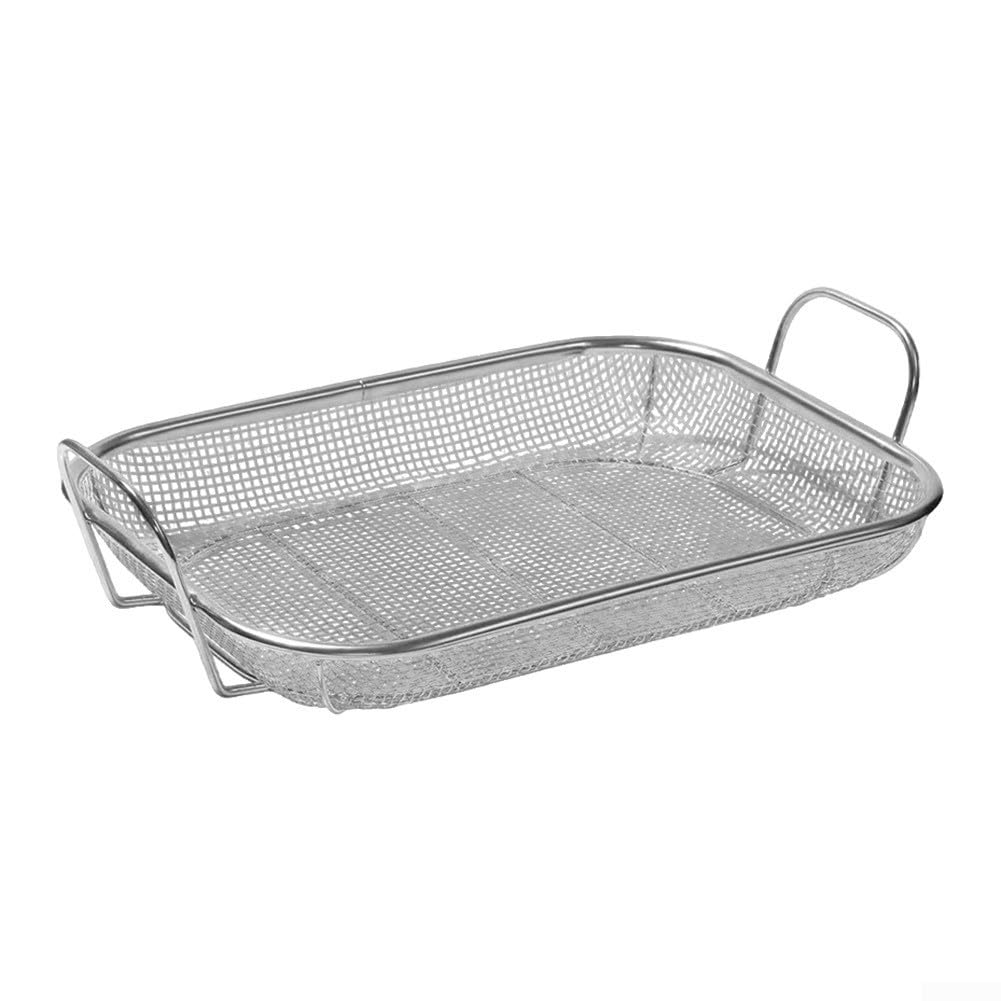 Cestino multifunzionale quadrato in acciaio inossidabile con manico, ideale per cucina e barbecue, contiene frutta e verdura, 42 5 x 28 x 10 5 cm (spazzola per la pulizia)
