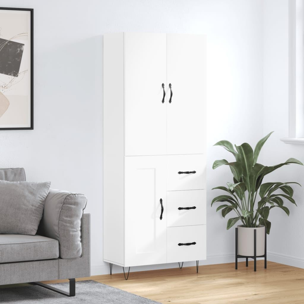 Komoda biała z materiału drewnopochodnego 69,5 x 34 x 180 cm z metalowymi nóżkami, schowek do salonu, kuchni, biura, korytarza, komoda z drzwiami i półką