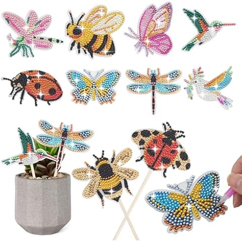 SWATOM 10PCS Diamond Art Kits for Adults for Garden Decor with Butterfly, Hummingbird, Ladybug, Bee, Dragonfly Stakes Diamond Painting Ornaments Kits for Indoor Outdoor Yard Decoration Crafts Cover