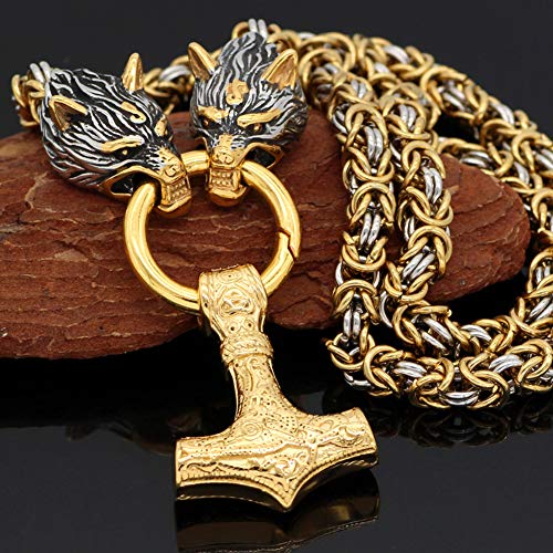 Pendentif Marteau de Thor viking en acier fait main et sa chaîne byzantine tête de loup pour homme