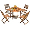 Devoko 5 PCS Patio Furniture, Patio Dining Set Acacia Wood Outdoor Table and Chairs, with 4 Folding Chairs and 37" Round Movable Table, Outdoor Dining Set for Lawn, Balcony, Garden (Light Brown)